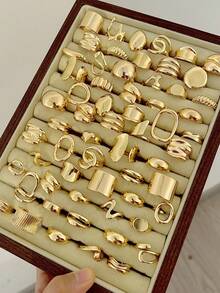 50/20/10/3pcs Women's Vintage Fashion Gold Shiny Chunky Asymmetrical Geometric Liquid Shape Ring Set, Luxury Stackable Rings Suitable For Daily Wear, Parties, Dates And Other Occasions, Versatile Accessory, Great Gift For Her - Yellow Gold - View 1