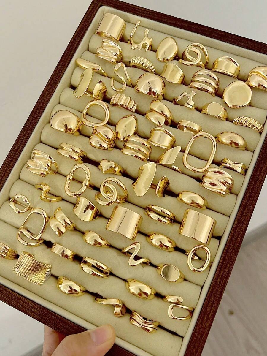 50/20/10/3pcs Women's Vintage Fashion Gold Shiny Chunky Asymmetrical Geometric Liquid Shape Ring Set, Luxury Stackable Rings Suitable For Daily Wear, Parties, Dates And Other Occasions, Versatile Accessory, Great Gift For Her - Yellow Gold - View 1