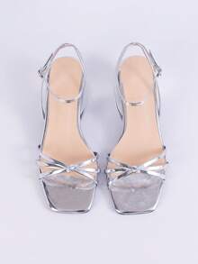 Sandal cao gót hở mũi kiểu tối giản dành cho nữ, sandal La Mã mũi vuông gót thấp đa năng thời trang mùa hè mới cho kỳ nghỉ - Bạc - Xem 4