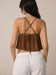 Women's Tank Top With V-Neck Front And Tie Back, Viscose Twill Fabric, Adjustable Thin Straps - Rỉ Nâu - Xem 3