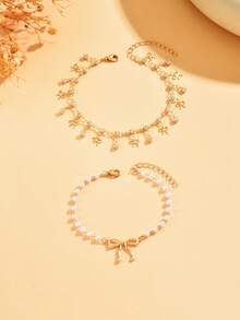 Set de 2 piezas Tobillera minimalista con lazo dorado y dije de perla falsa con lazo con strass brillante y borla, adecuada para uso diario, salidas, fiestas, viajes, regalo de cumpleaños para amigos. La cadena hecha a mano se puede personalizar en longitud y cantidad de cuentas - Multicolor - Ver 2