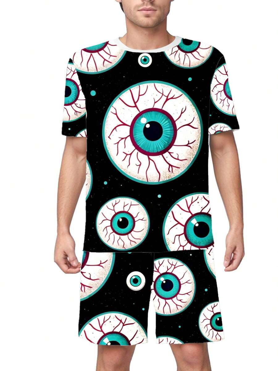 Ensemble de pyjama d'été pour hommes avec imprimé graffiti, composé d'un t-shirt doux et respirant à col rond et d'un short avec taille élastique. Vêtements de nuit confortables, vêtements de détente décontracté, un cadeau idéal pour un mari ou un petit ami. - Couleurs mélangées - Voir 1