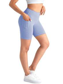 Quần short bó sát dáng rộng dành cho nữ, quần short yoga cạp cao ôm dáng có túi, quần short thể thao thời trang cho mùa xuân/hè. - Màu xanh nhạt - Xem 6