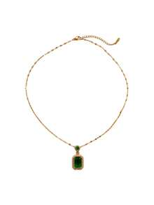 1 chiếc dây chuyền mặt dây chuyền hình vuông màu xanh lá cây thanh lịch kiểu Pháp, đính đá Cubic Zirconia tổng hợp, trang sức dành cho nữ đeo hàng ngày và dự tiệc. - Vàng - Xem 3