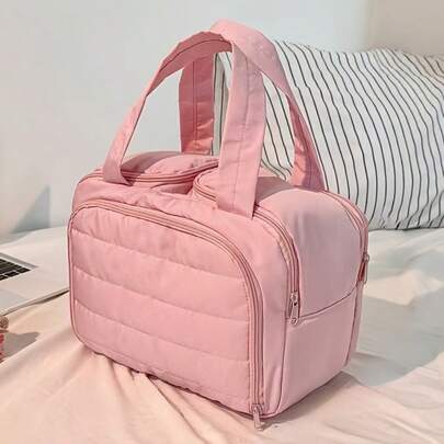 Nueva bolsa de maquillaje de viaje vertical, diseño de gran capacidad y de múltiples capas con asa, organizador portátil de artículos de tocador para mujeres