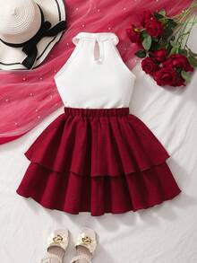 Setelan 2 Potong Rompi Bunga Mawar 3D dan Rok Dua Lapis dengan Hiasan Pita yang Modis dan Elegan untuk Anak Perempuan, Musim Panas - Burgundy - View 2