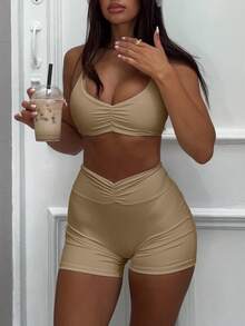 Bộ đồ thể thao mùa hè YEOREO gồm áo ngực thể thao dây chéo lưng, áo croptop tập thể dục và quần short yoga dành cho nữ. - Lạc đà - Xem 6