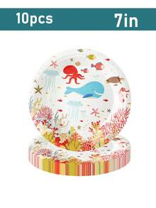 10件套海洋主题婴儿派对/生日派对用品，海底世界海洋动物装饰餐盘、杯子、餐巾纸和餐具，适合10位客人 - 查看 11