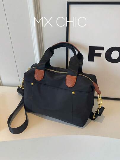 1个女士纯色尼龙手提包，时尚宽肩带休闲斜挎包，大容量，适合通勤、购物、短途旅行