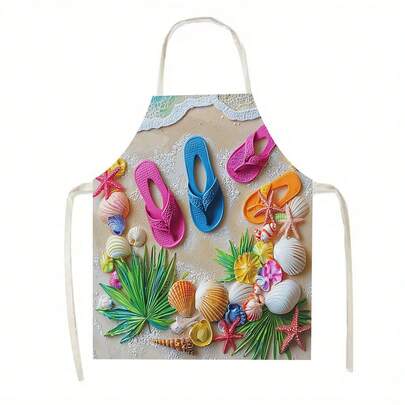 1pc(Colorful Flip - Flops On The Beach, Surrounded By Decorations Like Seashells And Starfish)Apron, Suitable For Kitchen, Living Room, Dining Room, Hotel, Outdoor Barbecue And Other Scenarios, Made Of 100% Polyester, Machine - Washable, Large - Sized