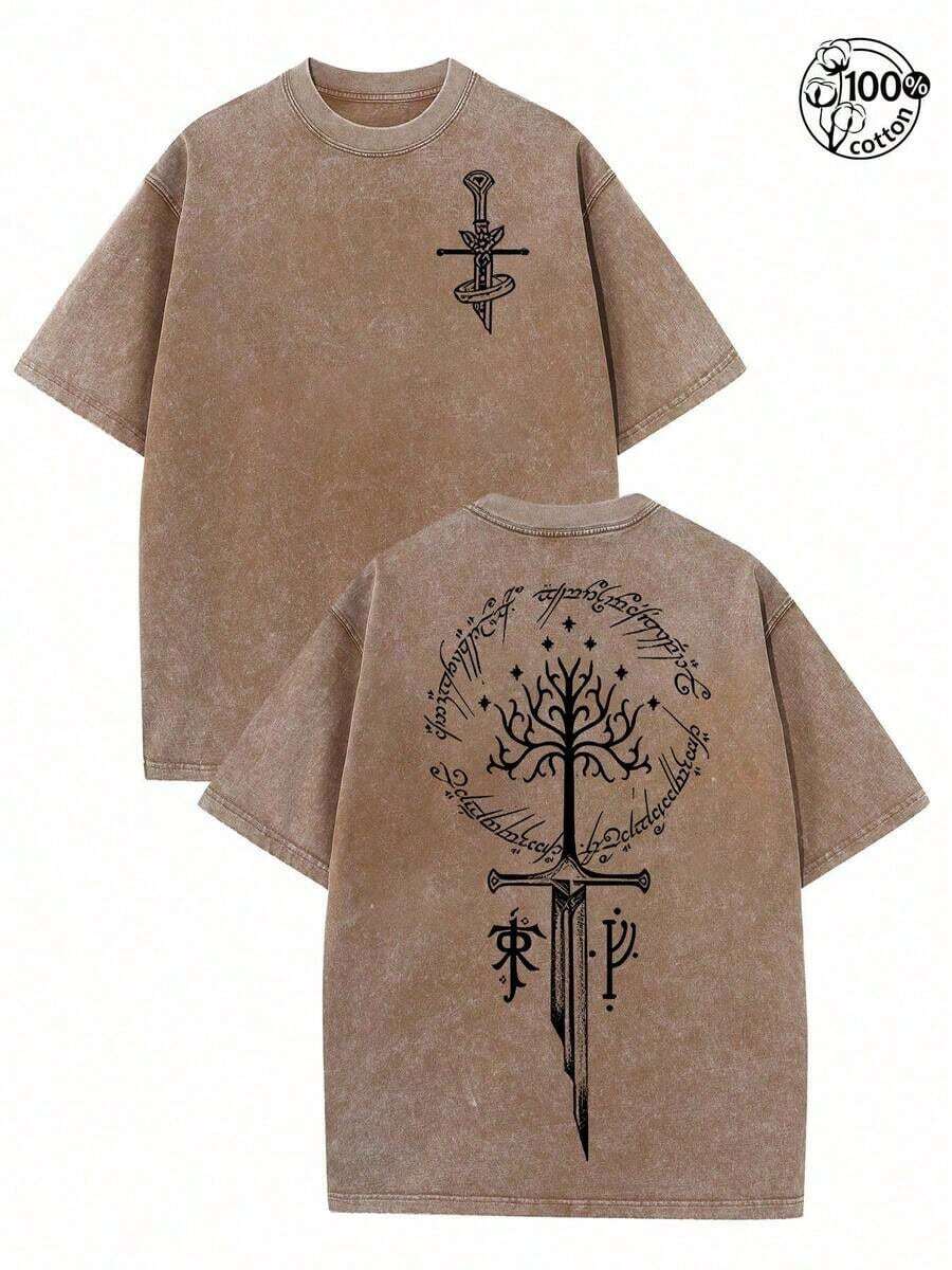 Break The SystemLOTR LOTR Middle Earth Shirt, JRR Tolkien Hoodie,  Merch, LOTR Sweatshirt, Menswear Top Apparel Men Gifts Vintage DistressedRound Neck Loose Fit T-Shirt - 咖啡棕 - 查看 1