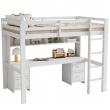 Mezzanine Bed 90 X 200 Cm, Children's Bed, Bunk Bed, Table Underneath, Large Storage Space, High Guardrail, Sturdy Staircase, White - White - View 8