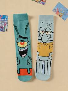 SpongeBob SquarePants 1/3/5/8/10雙隨機款 SquarePants 卡通中筒襪，適合街頭風與休閒穿搭，可愛校服與日常穿著 - 彩色 - 查看 5