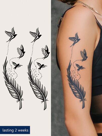 Temporary Large Floral Arm Tattoo Sticker, Minimalist Y2K Bird Feather Pattern, 1-2 Weeks Waterproof Smudge-Proof Natural Plant-Based Fake Tattoo Suitable For Chest, Waist, Abdomen, Thigh, Shoulder, Neck, Collarbone, Suitable For Y2K Music Festival, Valentine's Day, Carnival, DIY Party Holiday Gift