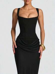 Cornelia Women's Sexy Spaghetti Strap Bodycon Dress, Summer Pleated Long Dress, Brown Lace-Up Backless Elegant Birthday Party Cocktail Gown - 黑色 - 查看 2