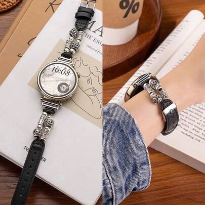 18mm, 20mm, 22mm Vintage Beaded Splicing High-Quality Synthetic Leather Watch Band, Suitable For Samsung Galaxy/ Watches, Retro Elegant Fashionable Casual Strap, For Women