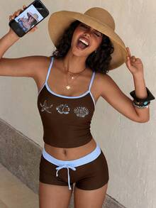 Bộ bikini nữ thanh lịch, gợi cảm với họa tiết tôm hùm, cua, rùa, sao biển và hoa dâm bụt, gồm áo crop top tam giác và quần bikini, thích hợp cho kỳ nghỉ, bãi biển, bơi lội, mùa thu/đông và xuân/hè, có thể mặc đi xem hòa nhạc, mặc hàng ngày, lễ tốt nghiệp và các dịp khác. - màu nâu - Xem 5