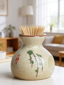 复古陶瓷牙签筒 - 装饰性厨房收纳罐、花瓶，融合传统元素，适合家庭或餐厅使用，质朴的奶油色底座，精致的节日礼物，厨房配件 | 传统美学 | 光滑陶瓷表面 - 查看 3