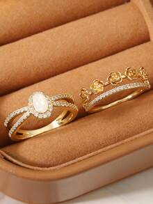 2件套女士镶钻双层花朵戒指套装，适合日常佩戴 - 戒指套裝 - 查看 3