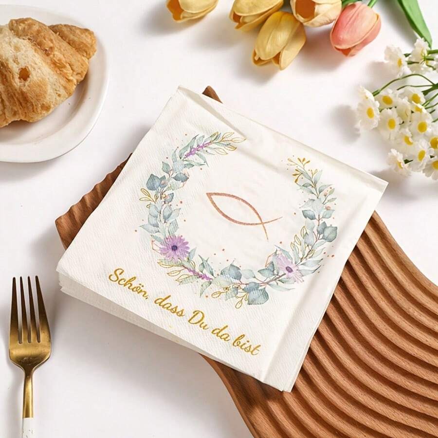 20/40/60 chiếc, Khăn giấy ăn phong cách Boho Cơ Đốc giáo, 2 lớp, thiết kế vòng hoa bạch đàn và biểu tượng cá, kích thước 13x13 inch, không mùi, thích hợp cho lễ rửa tội, lễ rước lễ lần đầu, trang trí bàn tiệc cưới. - Xem 1