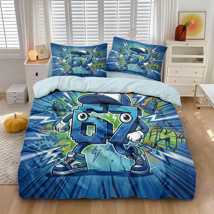 3 Piecestrendy Bedding Set, Street Graffiti Cartoon 67 Print: 1 Duvet Cover + 2 Pillowcases (No Filling), 100% Polyester, Soft, Zip, Washable, Home/Travel/Dorm