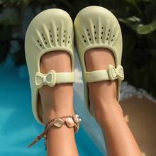 Mules con lazo lindo, sandalias casuales transpirables con diseño calado para mujer - Verde - Ver 6