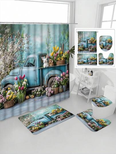1/4件装郁金香兔子蓝色卡车图案防水浴室帘套装，宁静疗愈，防水防霉，加厚涤纶材质，免打孔安装，防滑垫，吸水马桶垫，数码印花，不易褪色，可机洗，四季皆宜，复活节限量版