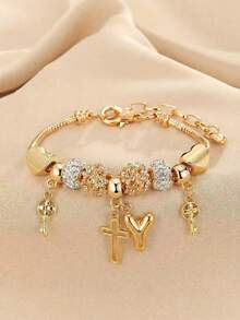 1pc 26 Letter, Heart, Cross, Flower Beaded Bracelet, Fashionable Youth Keychain, Cross Pendant Bracelet - Multicolor - View 50