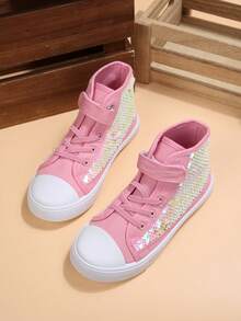 High Top Kids Sneakers Breathable Non Slip Glitter Canvas Shoes Cute Hook Loop Walking Casual Shoes For Toddler Boys And Girls Everyday Wear - Kim sa màu hồng - Xem 1
