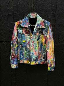 Spring/Autumn New Personalized Painted Graffiti Oil Painting Denim Jacket For Men: Fashion Versatile Loose Casual Coat - 彩色 - 查看 13