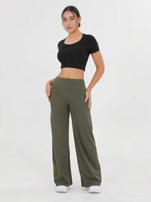 Women's Spring And Summer High Waisted Sports And Leisure Yoga Outdoor Wide Leg Pants, High Waisted Design, Loose Hanging, Daily Slimming, Versatile Solid Color, Suitable For Outdoor Sports, Fitness Yoga, Commuting, And Street Wear - 橄欖綠 - 查看 8