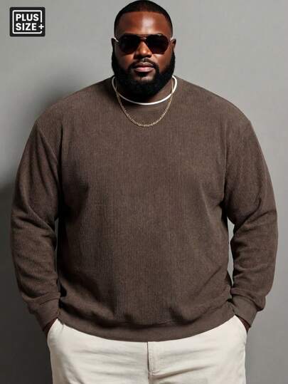 Plus Size Men's Vintage Style Crew Neck Sweatshirt, Corduroy Pullover Casual Wear For Shopping, Dating, Travel, Daily Life, Father's Day Gift