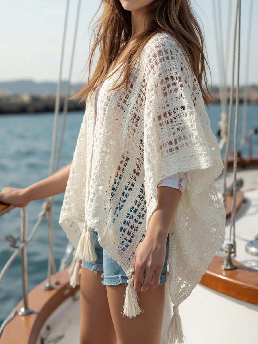 1pc Knitted Shawl, Women's Spring/Summer Beach Cover-Up Cover Up Sweater Cloak Cover Up - Multicolor - View 1
