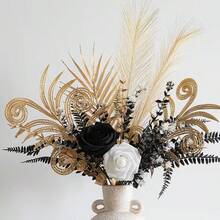 A Luxurious Artificial Flower Bouquet, Featuring Black And White Roses As The Main Elements, Complemented By Golden Spiral Leaf Accents And Cattail Grass. This Faux Flower Arrangement Adds A Gothic Charm To Your Living Room Table Or Bedroom Vanity. - Gold - View 3