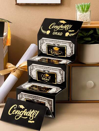 2pcs Foldable Cash Gift Display Stand - Innovative Black Gold Graduation Cash Envelopes, Multifunctional Cartoon Design Self-Sealing Wallet, Campus Gift, Graduation Surprise Gift, Graduation Party Decor Souvenir