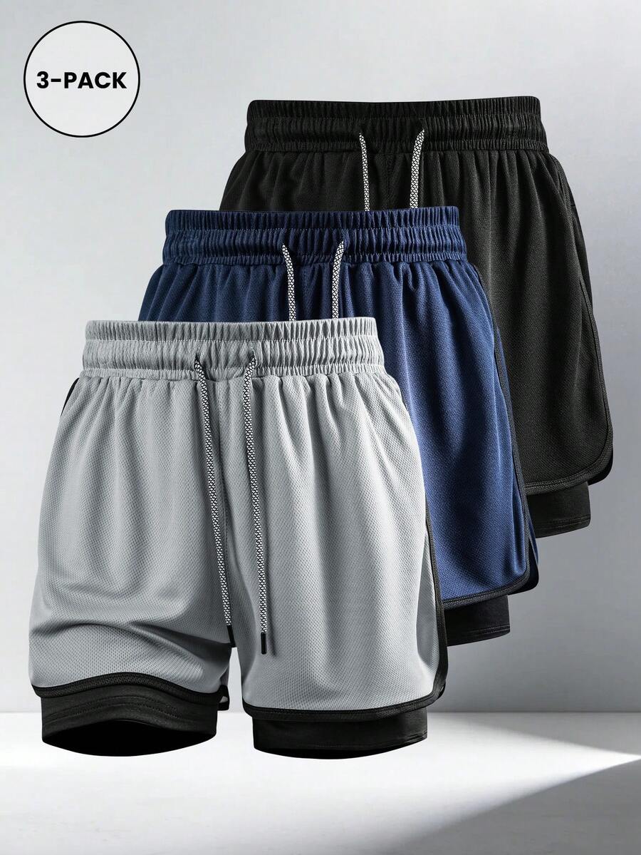 3 Packs Men's Summer Mesh Sports Shorts With Drawstring Elastic Waistband For Running, Fitness, And Training - Multicolor - View 1