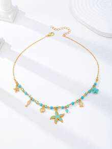 1pc Summer Vacation Bohemian Style Beaded Necklace, Layered Ocean Life Starfish & Dolphin Pendant Necklace, Bohemian Style Jewelry, Perfect For Pairing With Bikini Swimwear - Multicolor - View 4