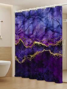 四件套金色镶边大理石纹浴室帘套装，包含浴帘、浴室地垫（包括浴垫、U型地垫和马桶盖垫）和12个挂钩 - 紫色 - A - 查看 19