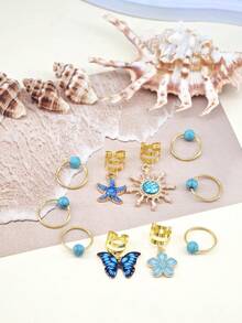 10 piezas de accesorios para el cabello estilo bohemio con turquesa, pasadores y ligas para el cabello de aleación - Dorado - Ver 5