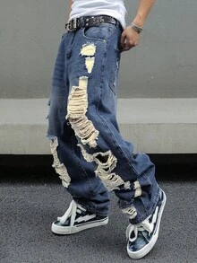 Mens Ripped Baggy Jeans Loose Fit Distressed Denim Pants Light Wash Y2K Streetwear Wide Leg Style - 深色水洗藍 - 查看 4