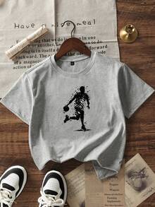Boys' Casual Basketball Player Graphic Round Neck Short Sleeve T-Shirt, Children's Ink Painting Pattern Print Short Sleeve Top - Light Grey - View 3
