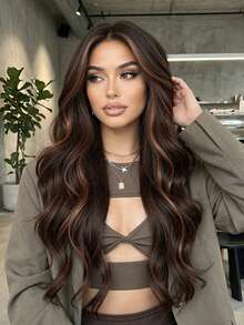Long Wavy Wigs Dark Brown Mix Brown Highlight Wig Medium Part Water Wave Hair For Women Synthetic Hair Heat Resistant For Daily Natural Appearance Party Cosplay Use-24-Inches Suitable For Fashionable Women - Brown Highlight - View 1