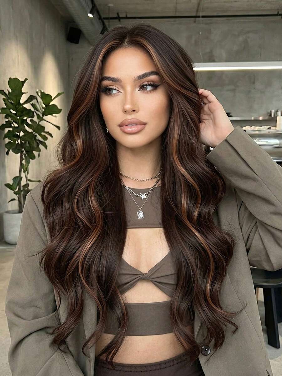 Long Wavy Wigs Dark Brown Mix Brown Highlight Wig Medium Part Water Wave Hair For Women Synthetic Hair Heat Resistant For Daily Natural Appearance Party Cosplay Use-24-Inches Suitable For Fashionable Women - Brown Highlight - View 1