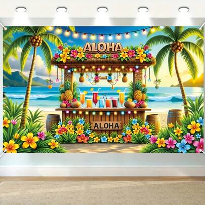 2D Flat Banner 1 Pc Hawaiian Tropical Beach Party Background Banner Vibrant Hawaiian Theme Decoration, Summer Tropical Hawaiian Beach - Polyester Fabric, Suitable For Weddings, Birthdays, Christmas, Teen Showers - No Electricity Required, Party Decoration | Beach Scene Decoration | Easy To Set Banner, Hawaiian Party Decoration