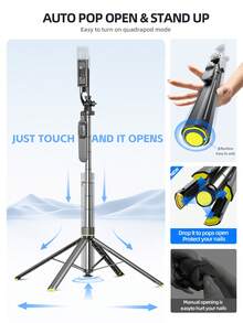 TOKQI 2026 New Retractable Selfie Stick With Tripod, 360° Rotating Phone Holder With Bluetooth Remote, Detachable Handheld Stabilizer With Fill Light, 3-In-1 Portable Stainless Steel Stabilizer Stand For Outdoor Vlogging, Travel, Video Shooting - View 6