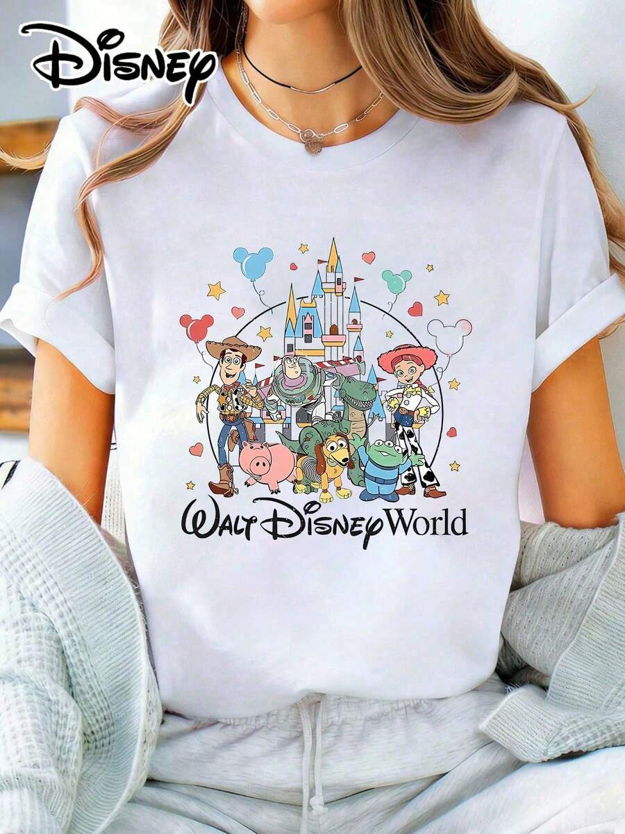 Casual Women's Disney Toy Story Print T-Shirt Round Neck Short Sleeve Cotton Top For Everyday Wear - trắng - Xem 1