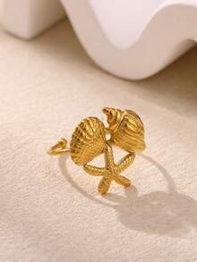 Women's Stainless Steel Starfish & Shell Combination Adjustable 18K Gold Plated Waterproof Elegant Ring, Suitable For Summer Beach, Wedding, Travel, Best Friend Birthday Gift - Multicolor - View 5