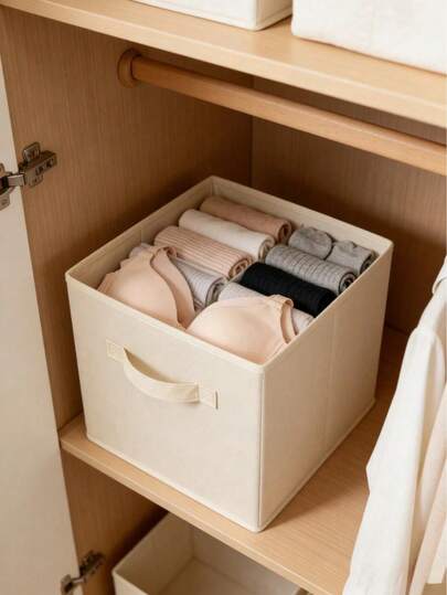 Foldable Fabric Storage Cube Bin With Handle, Collapsible Storage Box For Shelves, Closets, Home Organization, Toys, Clothes And Blankets, Beige Cubic Storage Box