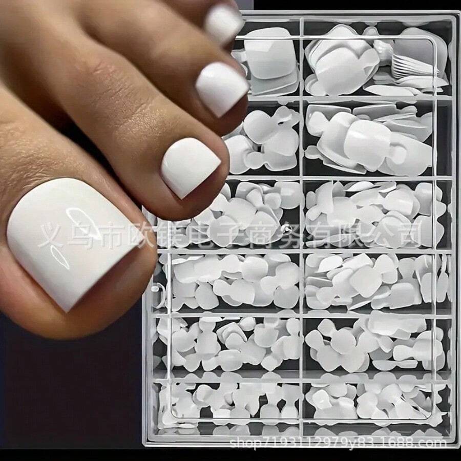 Nail Art Toenail Pieces, White Nail Pieces, Short Foot Nail Pieces, Seamless Toenail Pieces, French 100 Pieces. - 白色 - 查看 1