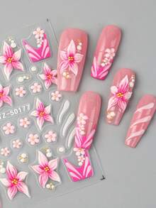 2pcs Pink Blooming Flower Nail Stickers, 5D Embossed Petals, Soft Carved Pearl Beads, French Line Modeling Nail Art Stickers, DIY Nail Supplies For Wedding, Holiday Nail Charm Decor - Multicolor - View 4